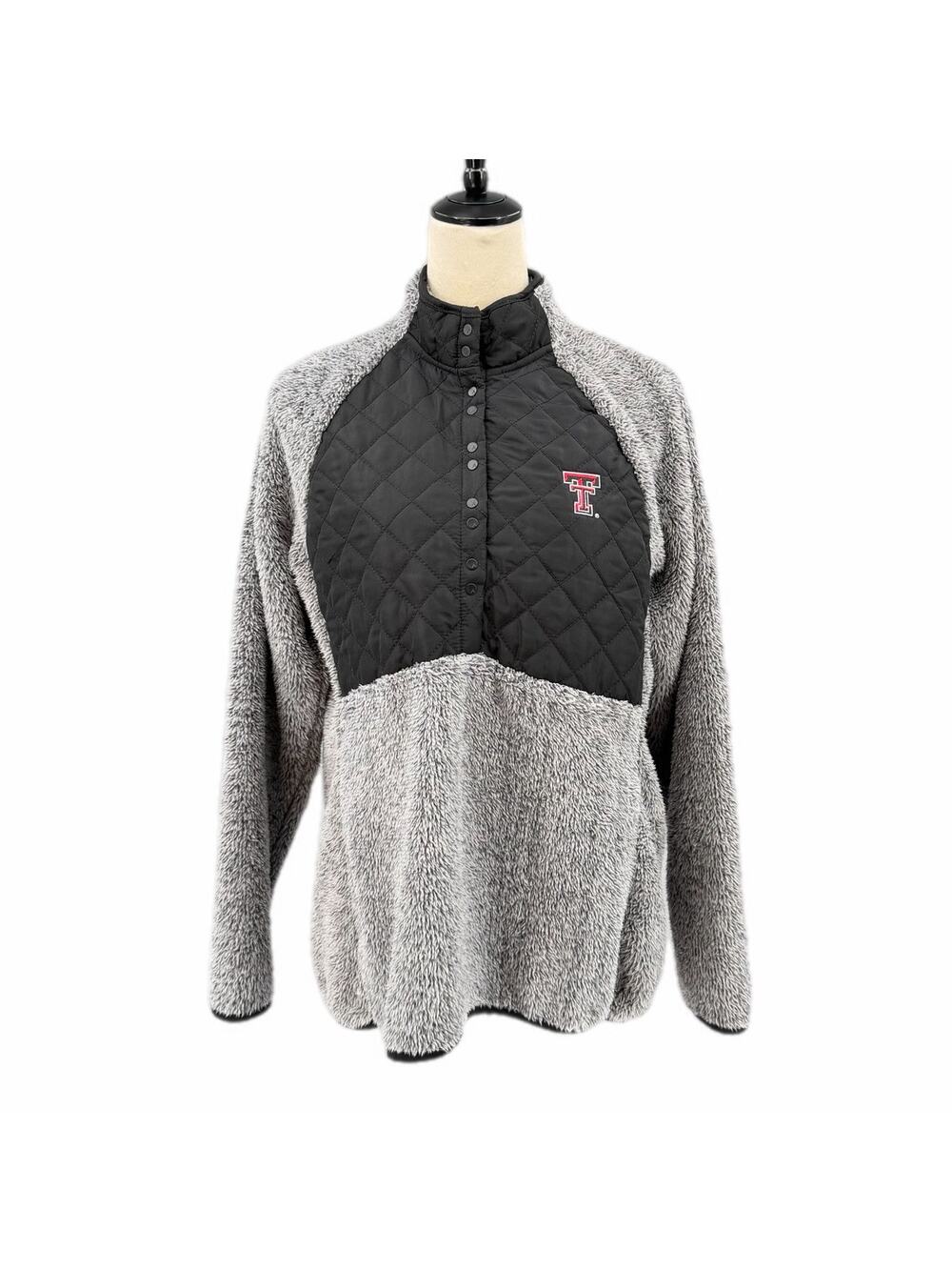 Antigua Texas Tech Gray Sherpa Black Quilted Long Sleeve Mock Neck Snap Pullover